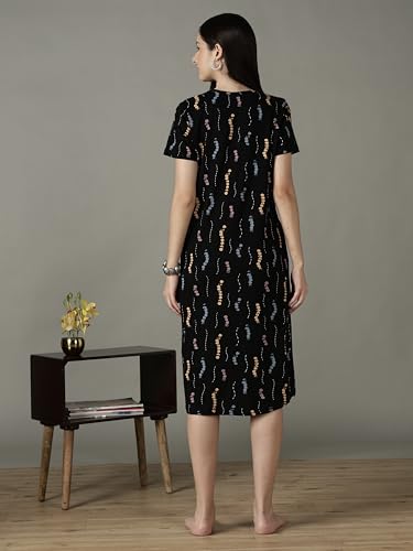 Image of 9shines Label Hosiery Cotton Knee Length Short Night Dress | Short Nighty for Women with Pocket | Graphic Print Nightwear | Night Gown for Women (M-7XL)
