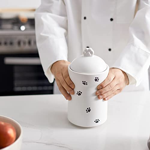 Y Yhy Ceramic Dog Treat Jar With Pet Paw Handle In Lid, Large Airtight Food Canister, White Cookie Jar For Pet Treat, Cookie, Biscuits, Coffee, Snacks, 5" X 9" #TOP6