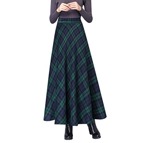 Cicilin - Gonna da donna in lana a quadretti, stile tartan, gonna lunga, svasata, stile retrò, a vita alta, calda, plissettata, per autunno e inverno verde L