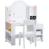 GABHX Kids Vanity Set with Lights, 2 in 1 Princess Makeup Vanity Desk with Jewelry Storage, Open Bookshelf, Storage Cabinet & Shelves for Little Girls (White)