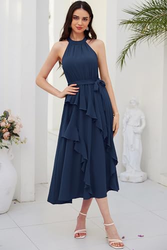 Grace Karin Women'S Summer Halter Neck Sleeveless Flowy A Line Maxi Dress With Belt Navy M thumb #2