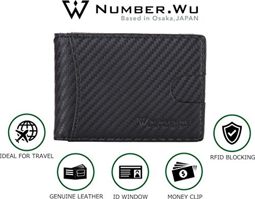 NUMBER.WU Money Clip RFID Blocking Carbon Fiber Leather Wallets for Men, Minimalist Slim Bifold Wallet for mens (Black- Carbon Fiber) - Image 6