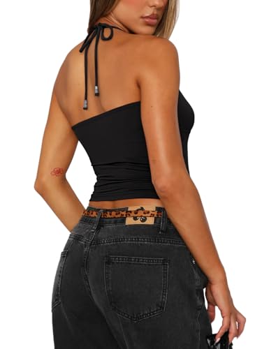 REORIA Women's Sexy Halter Backless Double Lined Tank Top Y2k Trendy Camisole Crop Tops2
