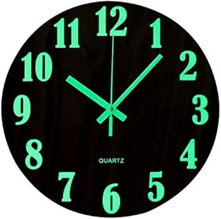 Topkey 12 Inch Luminous Wall Clock Silent Wooden Design Night Lights Round Wall Clock for Living Room and Bedroom (Battery Not Included) - Brown