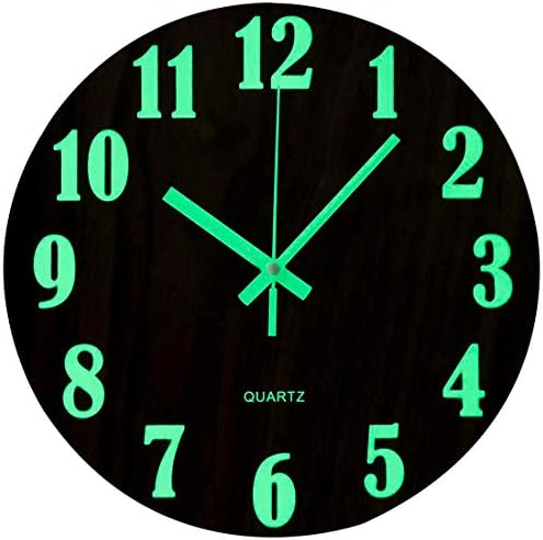 Topkey 12 Inch Luminous Wall Clock Silent Wooden Design Night Lights Round Wall Clock for Living Room and Bedroom (Battery Not Included) - Brown