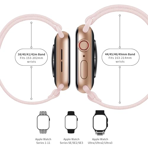 Image of AMANECER Stretchy Nylon Bands Compatible with Apple Watch Ultra 3 /2 /1 SE Series 11 /10 /9 /8 /7 /6 /5 /4, Adjustable Braided Elastic Sport Loop Rugged Straps for iWatch Women Men (Pink Sand, 44 /45 /46 /49MM)