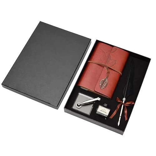ZLXHDL Set Calligrafia Vintage con Penna con Piuma e Taccuino in Pelle, Calamaio Vuoto, Idea Regalo Elegante (Nero)
