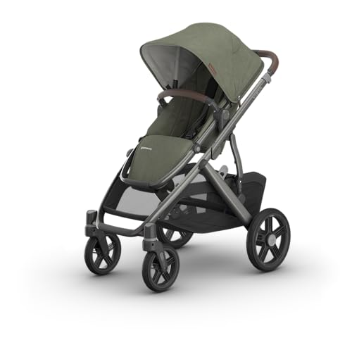Image of UPPAbaby Vista V3 Full-Size Single-to-Double Stroller System, Toddler Seat, Bug & Rain Shields, Storage Bag Included, Evelyn (Meadow Green/Graphite Frame/Chestnut Leather)