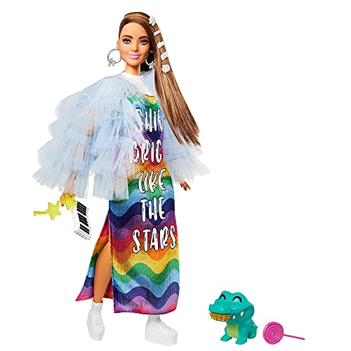Barbie GYJ78 - Extra Puppe, Regenbogenkleid, blaue Rüschenjacke, Haustier-Krokodil, lange brünette Haare, mehrlagiges… – Bild 4