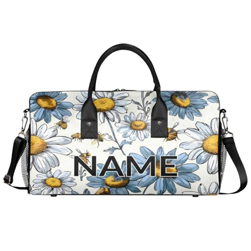 Personalized Floral Daisy Travel Duffel Bag with Name, Custom Gym Sport Bag Yellow Bee Carry On Weekend Overnight Duffel Bag for Men Women