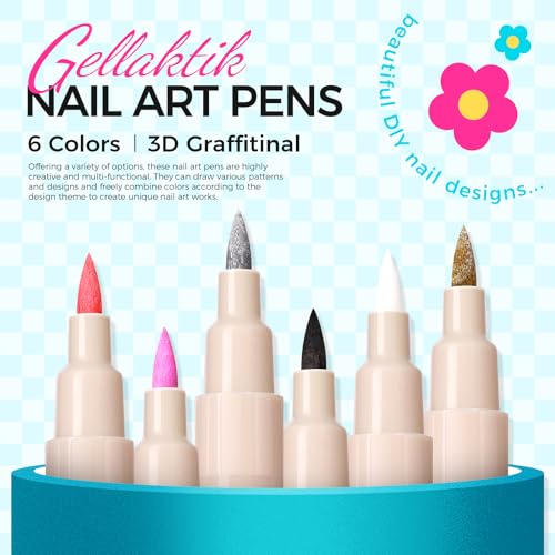 Image of 6 Colors 3D Nail Art Pens 0.7mm, Waterproof Quick Dry for DIY Nail Design | Acrylic Nail Markers for Liner, Dotting & Painting. Home & Salon DIY,Beginners Friendly,Christmas and Halloween Nail Art