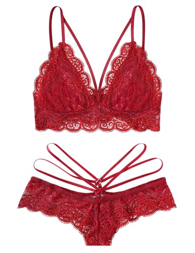 Niwicee Damen Dessous Set Sexy Babydoll Spitze Unterwäsche Set Lingerie BH Und Slip Frauen V-Ausschnitt Reizwäsche Nachtwäsche Outfit(Weinrot,S)