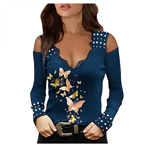 Pull sexy pour femme - T-shirt en dentelle - Imprimé papillon - Épaules dénudées - Col en V - Printemps et automne, bleu, M Cover