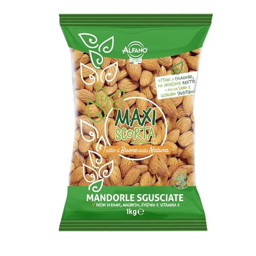 Alfano dal 1940 Mandorle Sgusciate Formato Maxi Scorta Frutta Secca Ricca di Rame, Magnesio e Fosforo Snack Fonte di Calcio e Vitamina E Sane e Genuine (1 Kg)