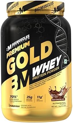 Bigmuscles Nutrition Premium Gold Whey [1Kg] | Informed Choice UK Certified | Isolate Whey Protein Blend | 25g Protein | 11g EAA | ProHydrolase Enzyme Technology [Rich Chocolate]