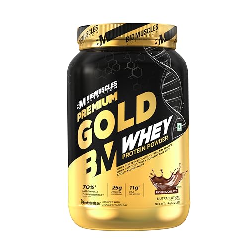 Image of Bigmuscles Nutrition Premium Gold Whey [1Kg] | Informed Choice UK Certified | Isolate Whey Protein Blend | 25g Protein | 11g EAA | ProHydrolase Enzyme Technology [Rich Chocolate]