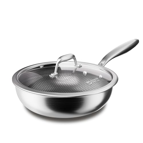 COOKER KING 12-Inch Hybrid Stainless Steel Wok with Lid, Nonstick Stir Fry Pan & Deep Frying Pan, Tri-Ply Clad Honeycomb Everyday Pan, Induction Ready, Oven & Dishwasher Safe, PFOA Free