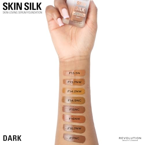 Image of Revolution Skin Silk Radiant Satin Serum Foundation, F15NC Dark Skin Tones | Buildable Coverage, Hydrating Hyaluronic Acid for a Natural Finish, Vegan & Cruelty-Free, 0.77 fl oz