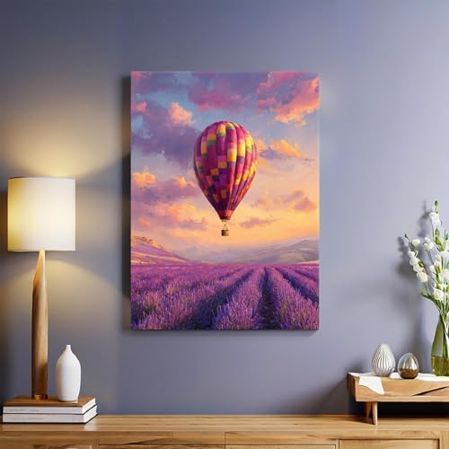 Viola Quadro su Tela Mongolfiere e campi di lavanda 30 x 20 cm Stampa Artistica Moderna con Cornice Decorazione Murale per Soggiorno Camera da Letto Cucina Bagno Ufficio