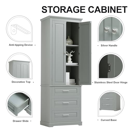 Image of Merax 70 inch Pantry Cabinet with Two Doors & Three Drawer, Adjustable Shelves Storage Cupboard for Kitchen /Dining Room /Bathroom, Gray