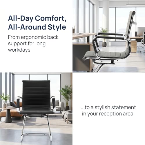 Image of HNY Leather Office Guest Chairs & Reception Chairs Set of 8, Modern Waiting Room Chairs with Arms, Desk Chair no Wheels with Sled Base for Waiting Room /Conference Room, Black