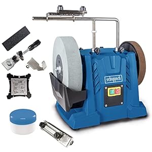 Scheppach Tiger 7000s Natschuursysteem (natte slijpmachine met 200W inductiemotor, korund slijpsteen 250 x 50 mm 220 korrelgrootte | incl. universele inrichting | aftrekpasta & hoekmeter