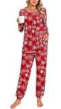 Anymeet Womens Soft Fall-Winter Long Sleeve 2 Piece Pajama Set Crew Neck Comfy Lounge Sleepwear Snowflake Red Plus Size 3X-Large