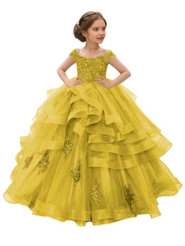 Naocca Off The Shoulder Flower Girl Dress Lace Appliques Ruffles Pageant Dresses for Girls Tulle Dance Ball Gown Mustard Yellow US3