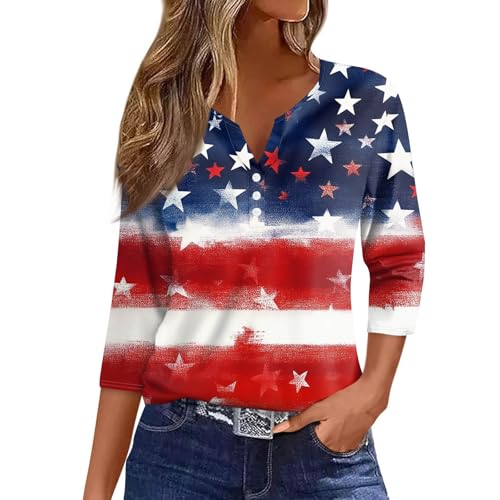 Image of 4th of July Shirts Women 3 /4 Length Sleeve Womens Tops Henley Neck Casual Patriotic T Shirts