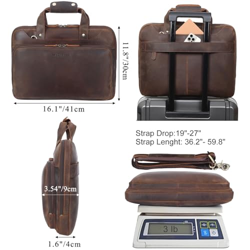 Image of Masa Kawa Leather Laptop Briefcase for Men Fits 15.6 inch 16 inch Computer Slim Crossbody Shoulder Messenger Bag Attache Case for Business Work, Vintage Brown