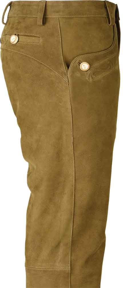 Trachtenlederhose Lang, Herren Lederhose aus Nubuk-Leder, Camel, 5-Taschen-Design mit Stickerei, Gefüttert bis zum Knie