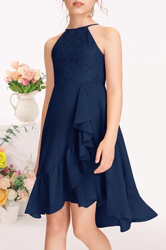 MITILLY Girls Lace Flower Ruffle Dress Chiffon Halter A Line High Low Flowy Junior Bridesmaid Dresses for Wedding Party3