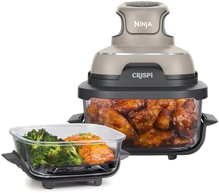 Ninja CRISPi Freidora de Aire portátil, 3,8 l, 4 en 1, freír con Aire, Asar, Mantener Caliente y gratinar, compacta, Incluye 2 recipientes de Vidrio extraíbles y Tapas
