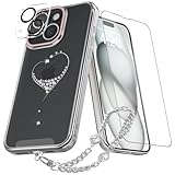 KINGXBAR Luxury Plating for iPhone 15 Case, Clear with Sparkle Bling Heart Crystals for Women Girls Protective Phone Cover 6.1 inch, Silver