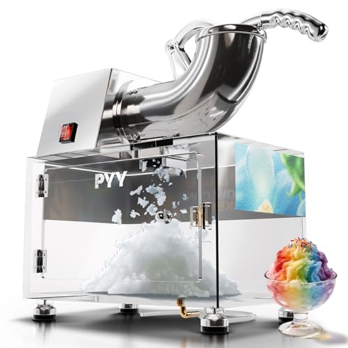 PYY Snow Cone Machine - Commercial Ice Crusher Shaver, Electric Crushed Shaved Snowcone Maker, 440LBS/H 1400RPM All-Copper Motor, Stainless Steel Full Body, Dual Blades, Acrylic Box and Drain Pipe