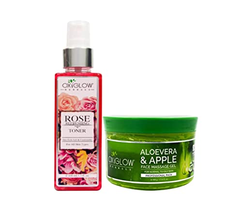 Oxyglow Herbal Combo AloeVera, Apple Face Massage Gel (500G) andOxyGlow Herbals Pure and Natural Rose Water Face Toner/Makeup Remover for Men & Women| Suitable for All Skin Types,Pack of 1|Skin Feel Soft|Comfortable|Revitalize and Refresh the skin|Hydrates|Detoxifies|All Skin Type|Anti Aging|Soft & Glowing Skin Net Vol - 600G