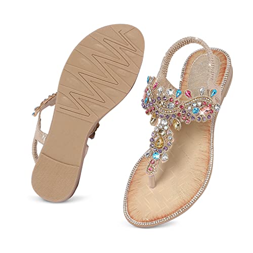 Icker Women Rhinestone Sandals T-Strap Buckle Bohemian Pearl Crystal Flat Sandals-Pd01-Gold-9 #TOP4