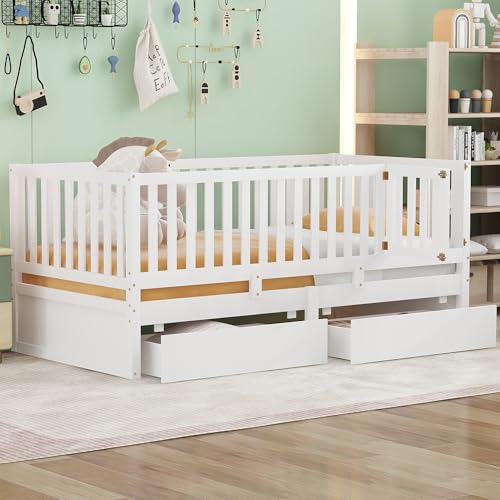 Harper & Bright Designs Twin Size Kids Platform Bed with Fences, Wooden Kids Daybed with Guardrails...