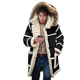 RSZGSWS Men Shearling Coats with Hood Faux Suede Sherpa Lined Sheepskin Jackets Warm Winter Faux Leather Long Trench Coat
