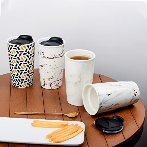 Antis's Home Ceramic Coffee Mug With Lid, Marble Double Wall Coffee Travel Mug Ceramic Tumbler 12 Oz, Reusable Tall Cup, Splash Resistant Lid, Dishwasher Microwaveable Safe #TOP6