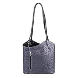 OBC Made in Italy Damen Leder Tasche Rucksack Strauß Prägung Handtasche Lederrucksack Umhängetasche Schultertasche (Grau-Schwarz (Strauß))