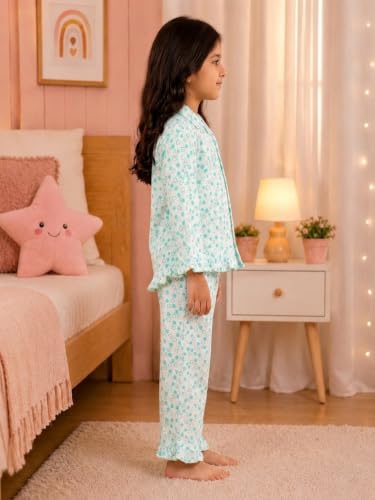 Image of superminis Hosiery Cotton Night Suit with Frill - Full Sleeves, Collared Neck, Sleep Wear for Girls, Kids