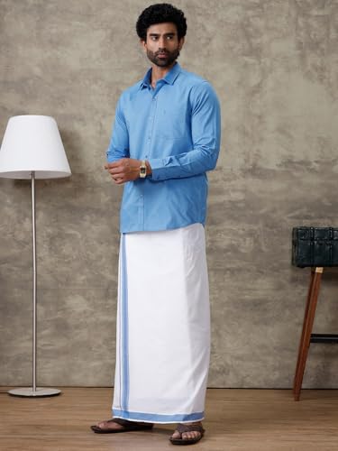 Image of RAMRAJ COTTON Men Full Sleeve Solid Shirt With Matching Border Dhoti|Ideal For Weddings And Occasion