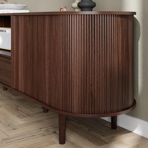 Image of DHH 71 inch Fluted TV Stand with Power Outlet for TVs up to 80 inch, TV Console with Adjustable Shelves and Sliding Door,Mid Century Modern Entertainment Center for Living Room,Bedroom (Walnut)
