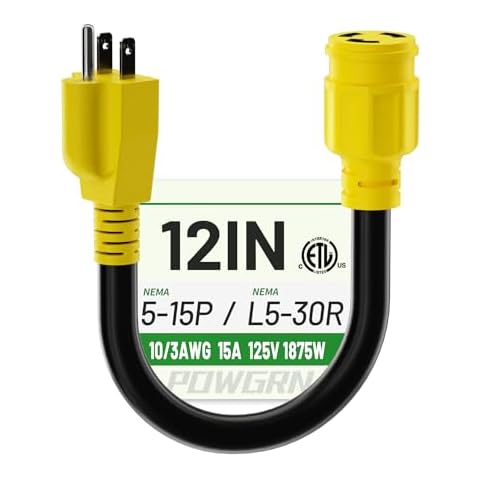 POWGRN 15 Amp to 30 Amp RV Generator Adapter Cord 1FT(12 Inch), NEMA 5-15 Male Plug to NEMA L5-30 Female Plug, 3 Prong Heavy Duty Power Cord, 10 Gauge STW, 15 Amp 125V 1875W, Black-Yellow, ETL Listed Cover