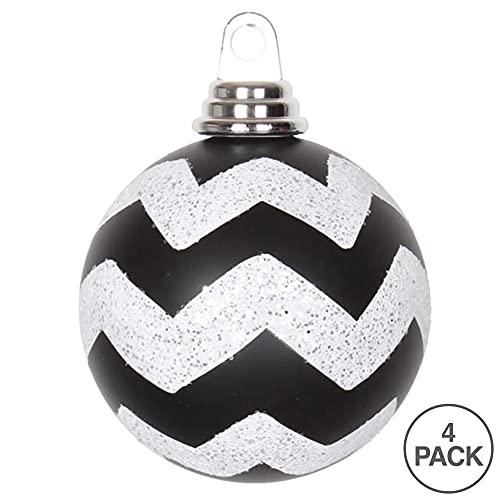 Vickerman 4" Christmas Ornament Chevron Ball, Black And White Matte Finish, Shatterproof Plastic, Holiday Christmas Tree Decoration, 4 Pack #TOP1