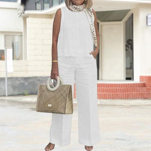 2 Piece Outfits for Women Summer Cotton Linen Sets Sleeveless Tank Tops and Wide Leg Pants Lounge Sets with Pockets2