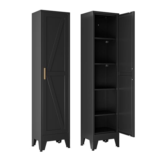 Image of 67 inch Tall Storage Cabinet with Reversible Doors and Adjustable Shelves,Metal Slim Freestanding Cabinet for Bathroom Kitchen Garage Small Spaces,Black,1 Pack