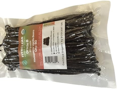 50 Madagascar Organic Vanilla Beans Grade B. Certified USDA Organic. 5"-7" by FITNCLEAN VANILLA for extract, Cooking and Baking. Whole NON-GMO Bourbon Pods