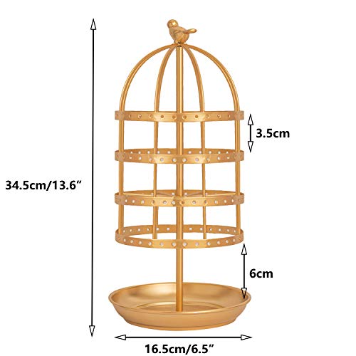4 Tier Earring Stand Rotating Earring Holder Gold Earring Organizer Rack Hanger Bird Cage Jewelry Display Stand Holder Organizer Tower with Tray/Dish for Earrings Bracelet Rings 128 Holes (Gold)